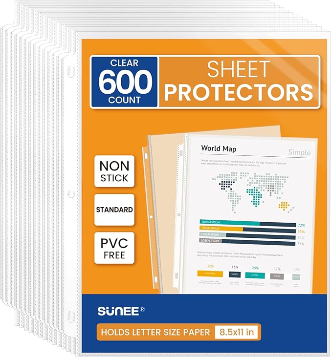 SUNEE Sheet Protectors 600 Packs for 3 Ring Binder, PVC-Free Clear Page Protectors 8.5x11 Inches Plastic Sleeves for Paper, Documents, Photos, Top Loading Binder Sleeves Letter Size