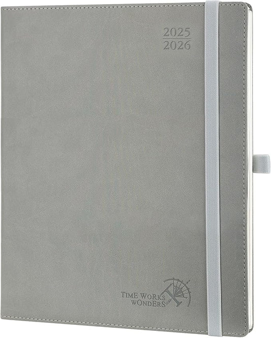 POPRUN Planner 2025-2026 (Large - 8.5'' x 10.5'') Academic Weekly Calendar (July 2025 - June 2026) with Hourly Time Slots, Monthly Tabs, 100GSM Thick Papers, Leather Soft Cover - Grey