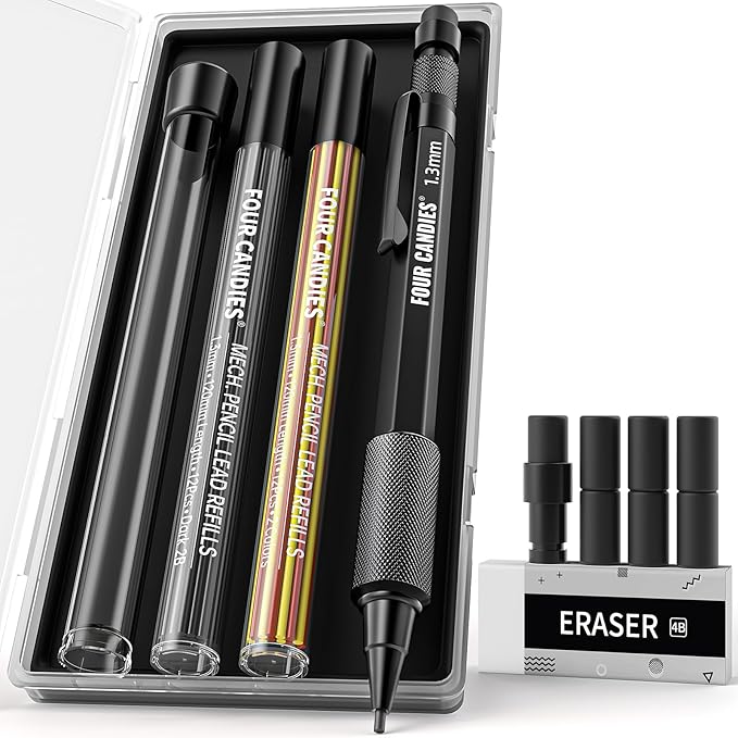 Four Candies 1.3mm Mechanical Pencil Set with 24 Lead Refills, Metal Weatherproof Heavy Duty Outdoor Carpenter Pencil, Eraser, 6 Eraser Refills for Architect Drafting Woodworking Marking with Case
