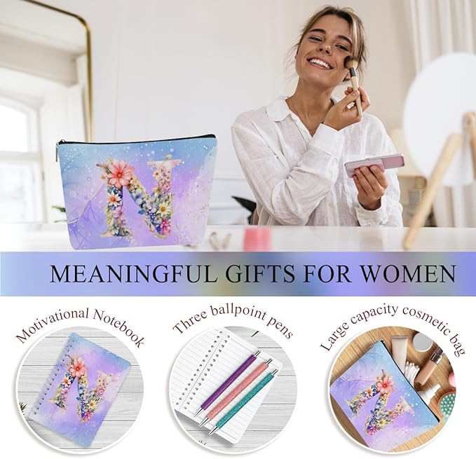 Personalized Gifts Monogrammed Birthday Gifts for Women, Colleague, Female Farewell Christmas, Initial 20 oz Tumbler, Makeup Cosmetic Bag Cup Pens Journal Notebook 6 Set, (Aesthetic Purple Flower N)