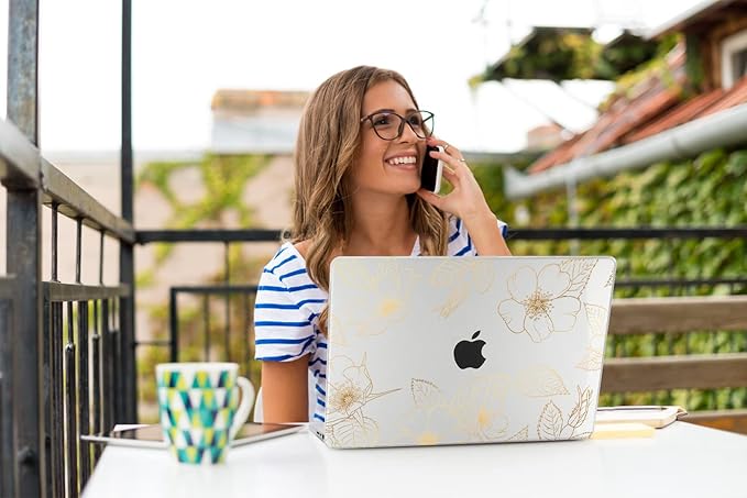 Teryeefi for 2022 2020 MacBook Pro 13 inch Case M2/M1 Chip (Model A2338 A2289 A2251 with Touch Bar), Plastic Hard Shell Case & Keyboard Cover & Screen Protector, Gold Floral Leaf