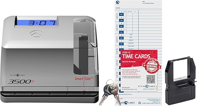 Pyramid Time Systems - Employment Time Clock & Document Stamp [3500ss] with Smart site Alignment, Kit Includes: Punch Time Clock, 25 Time Cards, 1 Ribbon & 2 Security Keys, 3500 Replacement