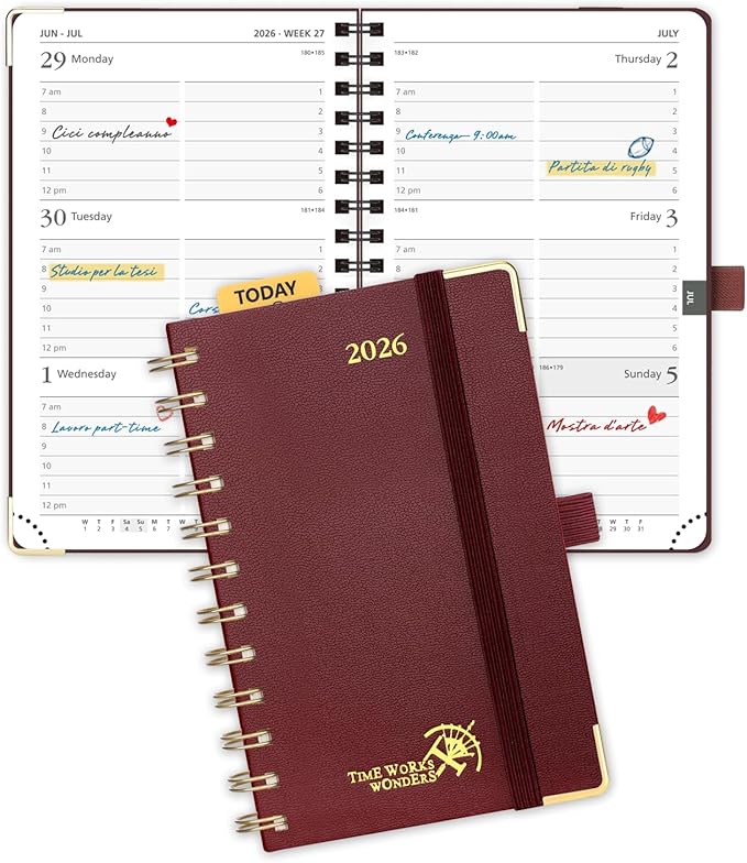 POPRUN 2026 Planner (Pocket Size 4''x 6.25'' Wire-Bond Hard Cover) Calendar Weekly and Monthly (Jan.2026-Dec.2026) Small Planner with Hourly Time Slots, for Purse, 100 GSM - Burgundy
