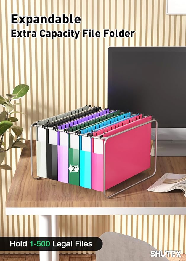 Extra Capacity Legal Size Hanging File Folders,12 Pack Reinforced Plastic Hanging Folder, Heavy Duty 2 Inch Expansion, Filing Cabinet Folders for Bulky Files, Medical Charts, Colorful