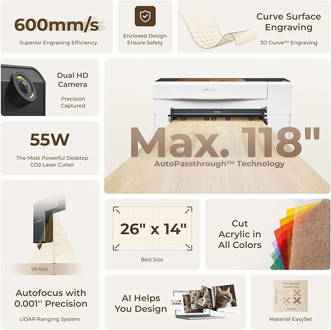 xTool P2 55W CO2 Laser Cutter, Smart Desktop CO2 Laser Engraver and Cutter Machine, Dual Smart 16MP Cameras, Curved Surface Engraving, Create with Wood and Metal Acrylic Glass Fabric Leather (White)