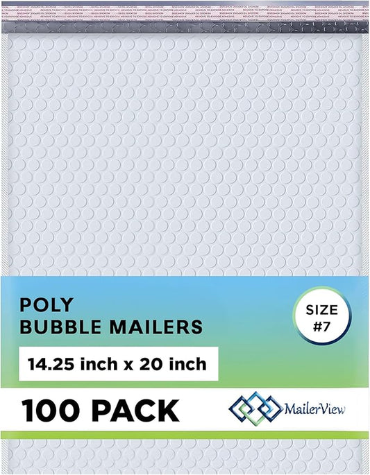 White Extra Large Poly Bubble Mailers 14.25x20 inch #7 | Self Seal Large Padded Envelopes | Air Cushioned Bubble Mailer | Usable Size 14.25x19 Lightweight Mailing Shipping Bags| 100 Pack Bulk