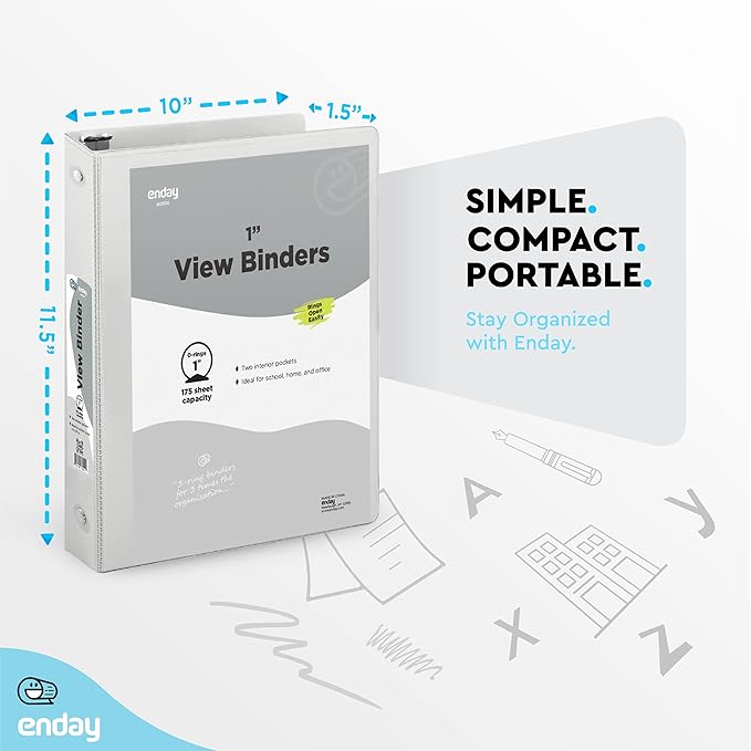 3 Ring Binder Grey, 1 Inch, 1” Clear View Cover with 2 Inside Pockets Round Ring Binder, Colored School Supplies Binders, Also Available in Pink, Blue, Purple, Green, and Red (6 PC) – by Enday