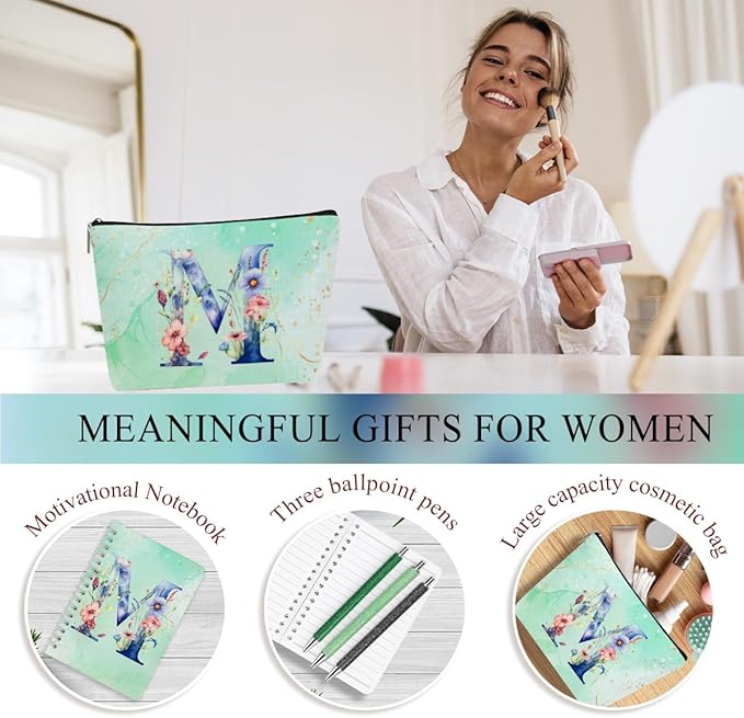Personalized Gifts Monogrammed Birthday Gifts for Women, Her, Teacher Mother in Law Wedding Christmas Initial 20 oz Tumbler, Makeup Bag Cup Pens Journal Notebook 6 Set, (Aesthetic Green Flower M)
