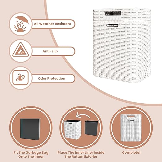 Ypati Handwoven 4 Gallon Rattan Trash Can with Lid, Boho Style Decorative Indoor and Outdoor Trash Bin with Shelf, Waste Basket for Bathroom, Patio, Study, with Trash Bags, Porcelain White, Eureka