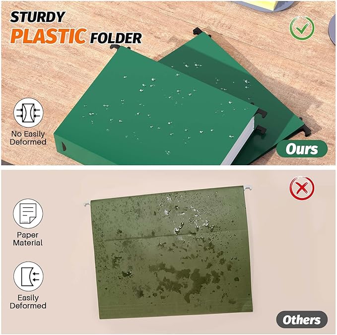 Extra Capacity Plastic Hanging File Folders,12 Pack Reinforced Hang Folder,Heavy Duty 2 Inch Expansion,Plastic Filing Cabinet Folders,Letter Size,Designed for Bulk Files, Medical Charts (Green)