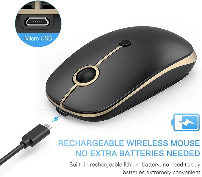 VssoPlor Type C Wireless Mouse USB C Rechargeable Portable Quiet Mouse USB and Type C Receiver Dual Mode Laptop Mouse for PC, Laptop, MacBook, Tablet-Black Gold