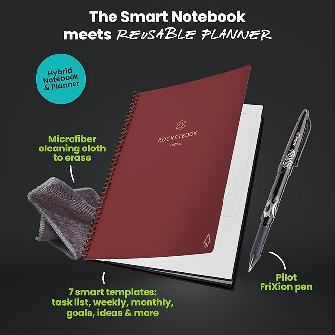 Rocketbook Fusion Reusable Undated Productivity Planner, Letter Size 8.5x11, Maroon - Goals, Monthly and Weekly Calendar, Daily To-do List, Lined and Dotted Notes Pages