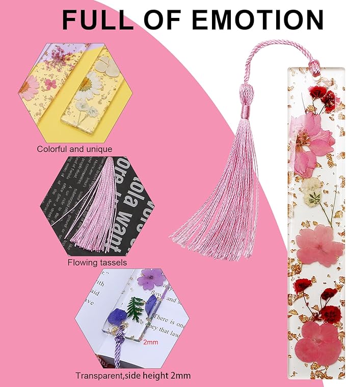 Bookmarks for Women, Kaluofan 2PCS Book Marks for Reading Women, Durable Handmade Dried Flower Resin Bookmarks with Tassels, Pretty and Increase Reading Interest