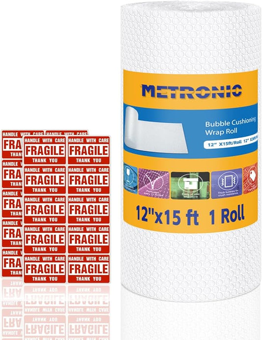 Metronic Bubble Cushioning Wrap 1 Pack 12 Inch x 15ft Total, Dense Bubble Packing Air Wrap Clear Bubble Packing Roll for Shipping and Moving Supplies