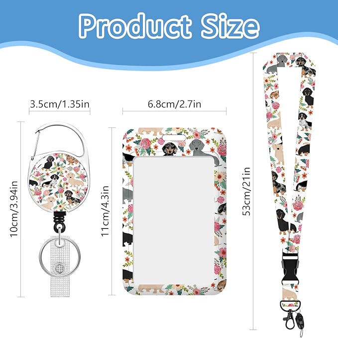 Floral Dogs Lanyard with Id Holder, Cute ID Badge Holder with Retractable Lanyard, ID Holder with Badge Reel Clips, Animal Keychain Name Tag ID Card Holder Teacher Women Doctor Office Gift