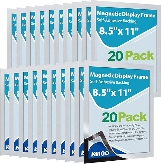 20 Pack Magnetic Sign Holder 8.5 x 11, Self-Adhesive Magnetic Picture Frame & Document Holder for Wall, Door, Fridge, Glass - Double-Sided Magnetic Frame for Poster & Paper Display (Silver)