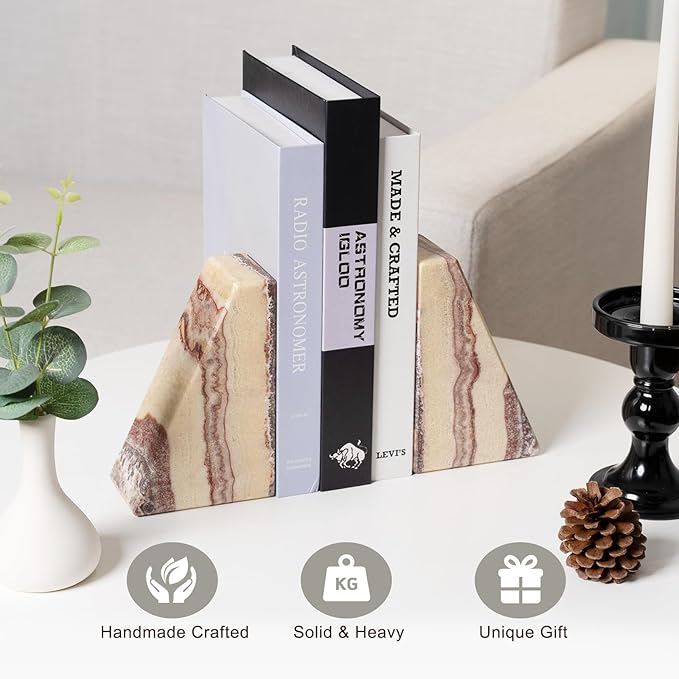 Koville Natural Onyx Bookends for Shelves, Decorative Bookends for Heavy Books, Non-Slip Heavy Duty Book Stopper for CD/Movies, Aesthetic Decorative Book Ends for Bookshevles Table Home Decor