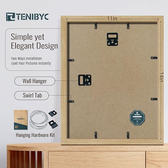 11x14 Picture Frame 3 Pack, Light Oak Photo Frame with HD Tempered Glass, Natural Wood Grain, Table or Wall Display