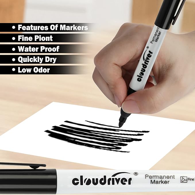 cloudriver Permanent Markers, 148 Pack Black Permanent Markers Set, Fine Point, Bulk Permant Markers Work on Wood, Plastic, Metal, Stone, Glass