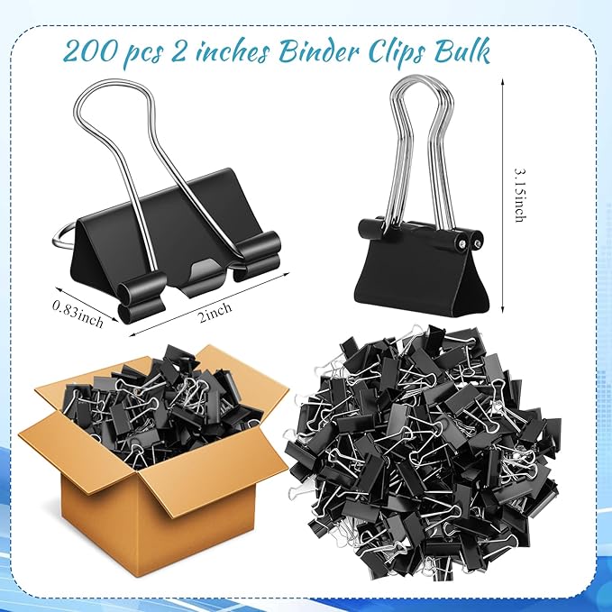 Jetec 200 Pcs Extra Large Binder Clips Bulk 2 Inch Metal Jumbo Binder Clips Office Supplies Black Paper Clamps for Teachers Students Office Business Supplies