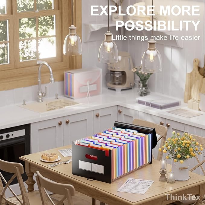 26 Pockets Accordion File Folder Organizer, Expanding Filing Box A4 Letter Size Expandable File Folders, Plastic Accordion Document Paper Coupon Bill Receipt Organizer with 3 A-Z Alphabet Colored Tabs