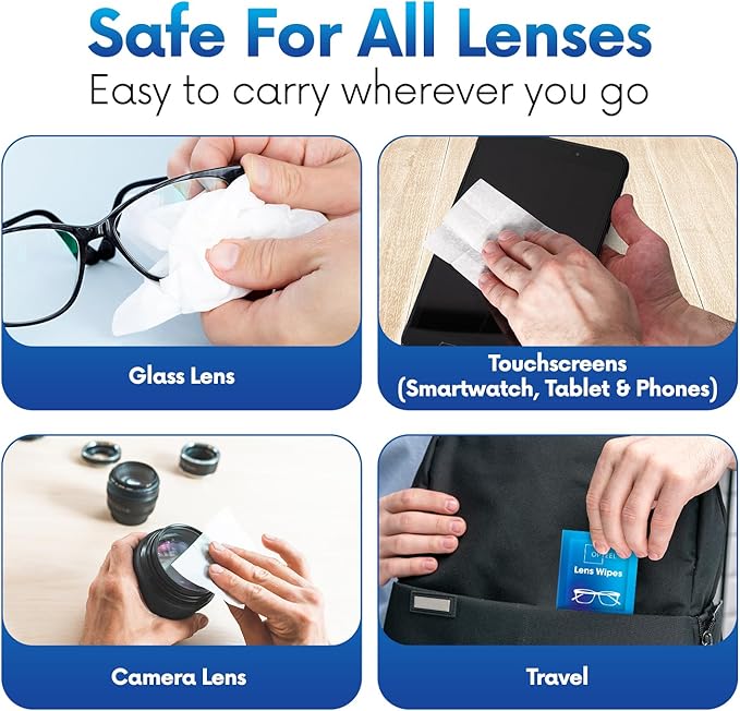 Lens Wipes for Eyeglasses - Pre-moistened Eyeglass Lens Cleaning Wipes - 600 Lens Wipes Individually Wrapped Sracth-Free Streak-Free Eye Glasses Wipes Lens Cleaner for Sunglass & Camera Lens
