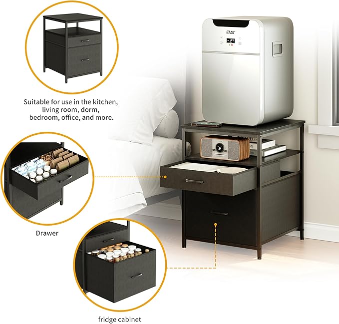 Mini Fridge Stand with 3 Storage, Mini Fridge Cabinet, Beverage Fridge Table, Heavy Duty 21.3" L* 22.7" W Tabletop, for Dorm, Apartment,Office, Bedroom Black HB01BXB