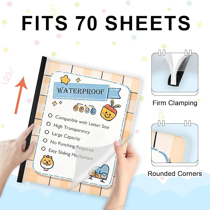 TOTiyea 100 Pack Letter Size Clear Report Covers with Sliding Bars, 9mm (70 Sheet Capacity) Sliding Bar File Folders, Black