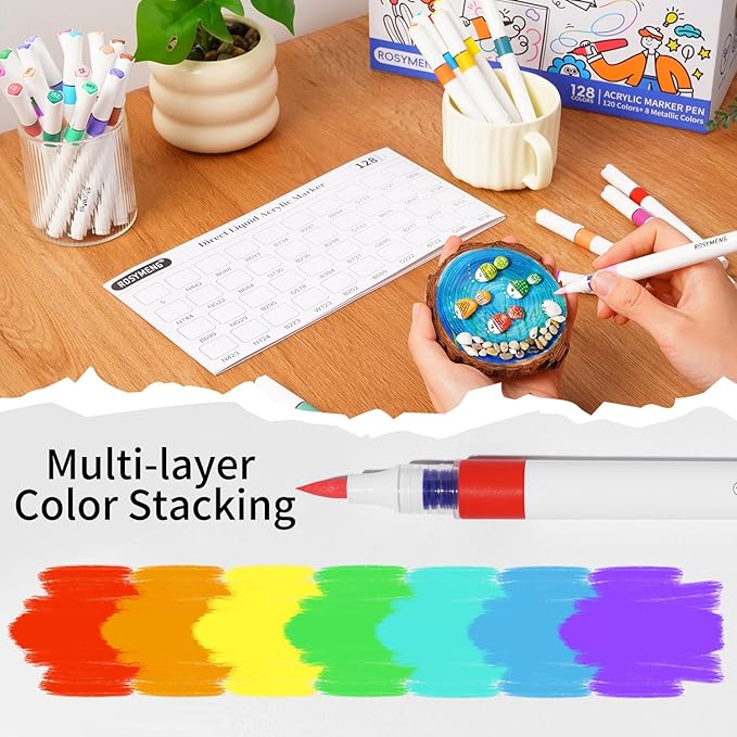 9 Color Acrylic Paint Markers, Water-Based Acrylic Markers for Artists Adults Coloring Drawing Cartoon Anime Comic - Brush Tip for Rock Painting, Wood, Canvas, Fabric, DIY Crafts Making (8 Metal)