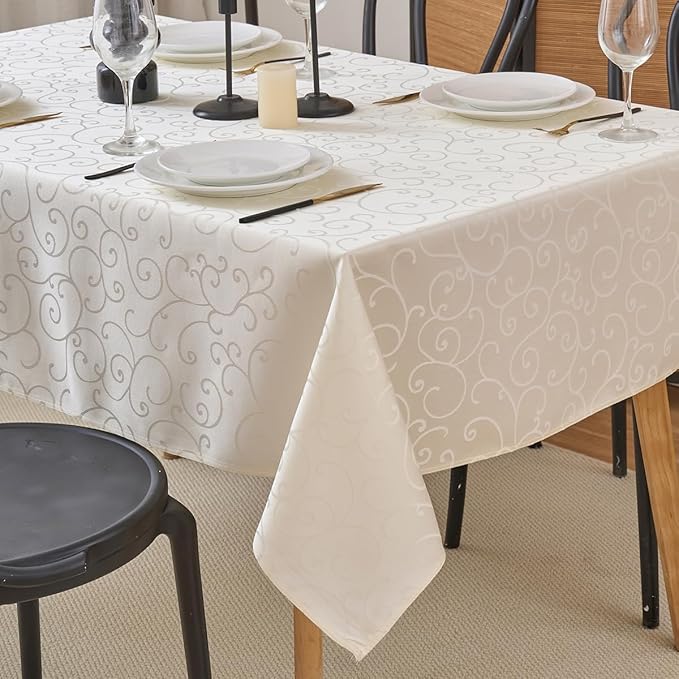 Romanvicky Christmas Jacquard Tablecloth White Floral Pattern Rectangle Table Cloth Spill Proof Wrinkle Resistant Polyester Table Cover for Party, Dining, Thanksgiving Decoration, 52 x 70 Inch