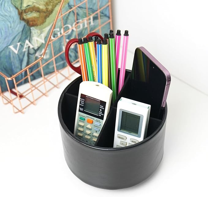 Hennaja Round Leather Art Supply Organizer,Remote Control Holder,360 Degree Spinning,Multi-Functional Pencil Holder,4 Compartments Desktop Stationary Organizer(1-Oil Black)
