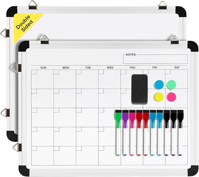 VUSIGN Monthly Dry Erase Calendar Whiteboard for Wall, 16" X 12" Double-Sided Board, Hanging Whiteboard Dry Erase for Office, Desk, Kitchen, Dorm, Silver