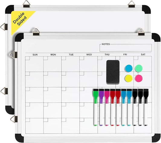VUSIGN Monthly Dry Erase Calendar Whiteboard for Wall, 16" X 12" Double-Sided Board, Hanging Whiteboard Dry Erase for Office, Desk, Kitchen, Dorm, Silver