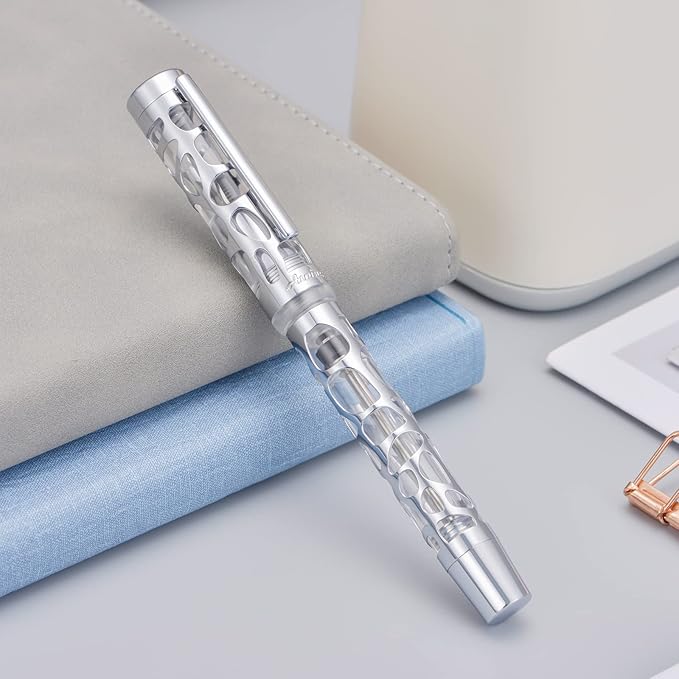 Asvine V169 Vacuum Filling Fountain Pen Medium Nib, Water Drop Skeleton Transparent Clear Acrylic Pen Case Set