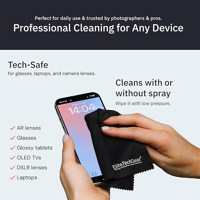 Elite Tech Gear Microfiber Cleaning Cloth for Glasses- 4-Pack, 12" x 12"- Durable Oversized Glasses Cleaning Cloth- Eyeglass Cleaning Wipes for Lenses, Electronics- High Tech Quality Material (Black)