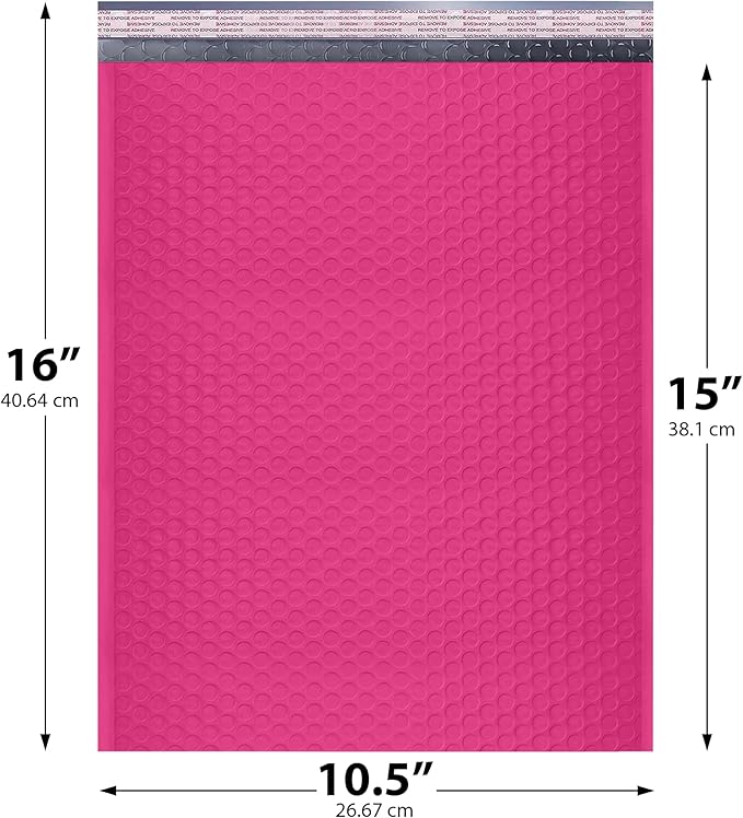 Hot Pink10.5x16 Inch Large Poly Bubble Mailers #5 | Padded Envelopes with Self Seal | Air Lined Cushioned Bubble Mailer | Usable Size 10.5x15 | 200 Pack Bulk | Lightweight shipping Bags