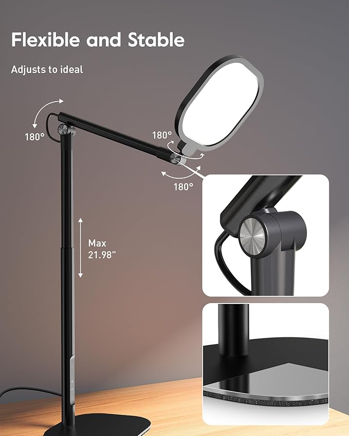 Led Desk Lamps for Home Office with Base, Tall Desk Lamp with 50 Light Modes & Memory and Timer Func Computer Light, Flexible Adjustable Table Lamps for Video Conference, Architect or Study( Black)