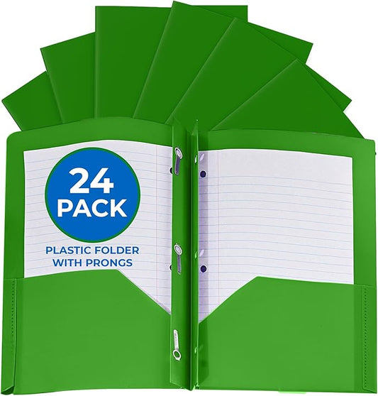 24 Pack Green Plastic Folders with Pockets Heavy Duty. 2 Pocket Folder with Prongs Bulk. Tear-Resistant Letter Size 8.5x11. Presentation Ready School and Office Supplies