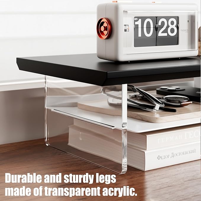 Dual‑Tier Monitor Stand for Modern Desk Setup – Minimalist Wooden and Metal Riser Shelf with Transparent Acrylic Feet for Dual Monitors, Laptops, Home Office Aesthetic，Black and White