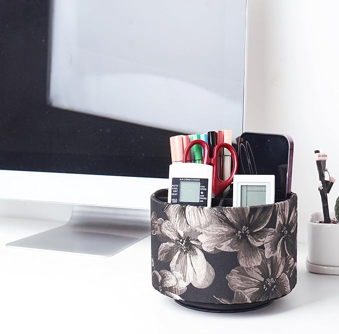 QIELIZI Round Leather Art Supply Organizer,Remote Control Holder,360 Degree Rotating,Multi-Functional Pencil Holder,4 Compartments Desktop Stationary Organizer(1-Dahlia Light Brown)