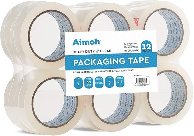 12 Rolls Heavy Duty Clear Packing Tape -Acrylic Adhesive- 2.7mil Super Strong Commercial Grade- Size 1.88 x 60 Yard- 3 Inch Core- Refill - Moving-Packaging-Shipping - 6 Rolls (11632)