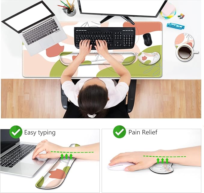 AIMSA Keyboard & Mouse Pad Set, Extended Desk Mat + Ergonomic Mouse & Keyboard Wrist Rest Support, 35x15.7in Abstract Green Pink Art