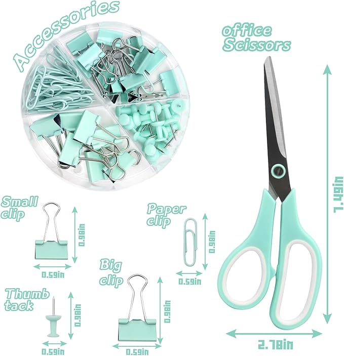 Green Office Supplies,UPIHO Teal Desk Accessories,Stapler and Tape Dispenser Set for Women with Stapler,Tape Dispenser,Staple Remover, Staples, Clips, Scissor and Tabs for Students, Office Clerks