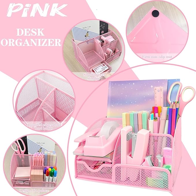 Pink Desk Accessories Set, 17Pcs Pink Office Supplies Kit Include Mesh Desk Organizer, Stapler, Tape Dispenser, Staple Remover, Pen Holder, Clips, Pens, Ruler, for Office Home School Women