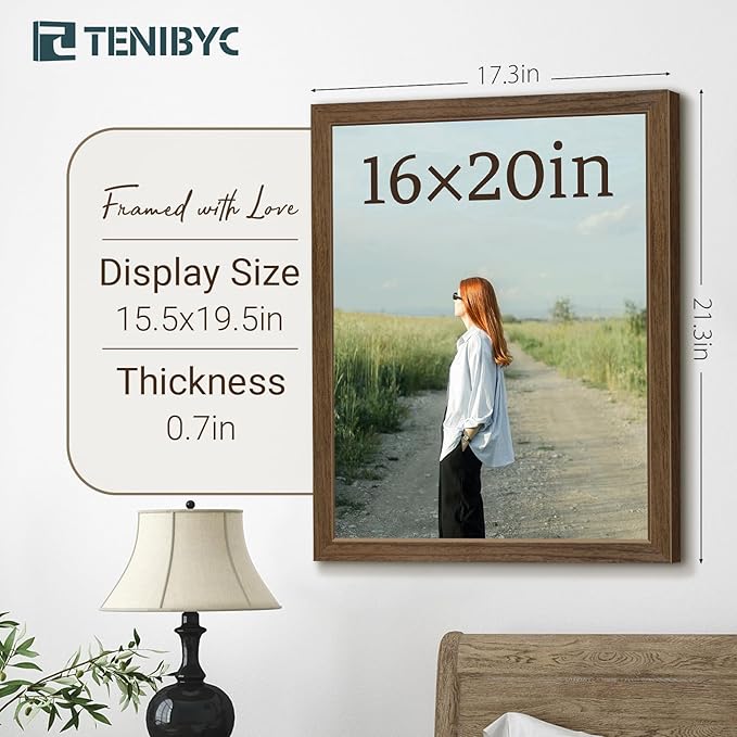 16x20 Picture Frame Set of 3 - Brown Woodgrain, Wood Poster Frame, HD Tempered Glass, Wall Gallery Hanging