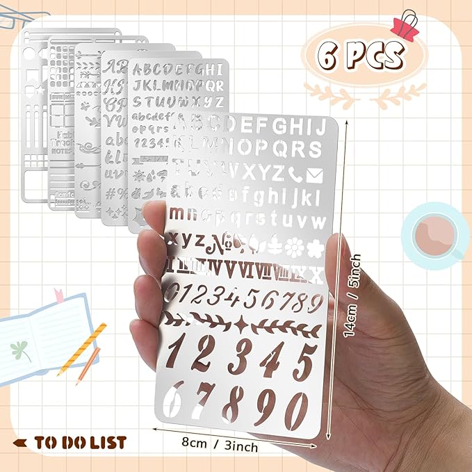 Lewtemi 6 Pcs Journal Metal Stencil Stainless Steel Stencil for Bullet Journaling Planner Stencils Wood Burning Templates for Carving Engraving Diary Draw Journals Scrapbook (Journal Style)