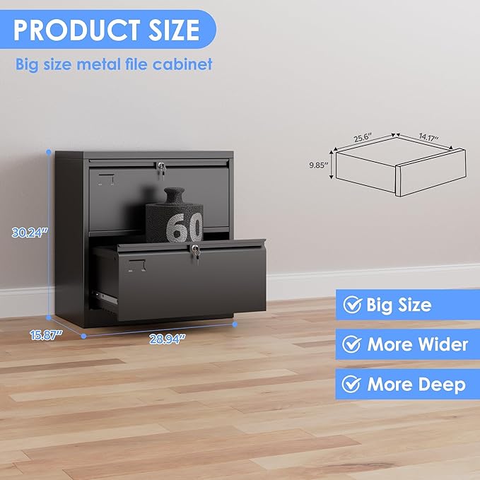 SUXXAN 2 Drawer File Cabinet, Lateral Filing Cabinet with 2 Locks for Home Office, Black File Cabinets with Business Card Holder for Letter/Legal/F4/A4 Hanging Files