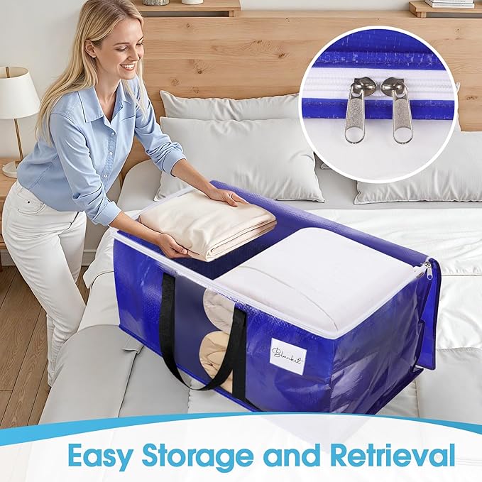 BlissTotes 8 Pack Moving Bags with Clear Window, Storage Bags with Strong Carrying Handles & Zippers,Large Packing Bags for Saving Space, Alternative to Moving Boxes(Blue,33 Gallon)