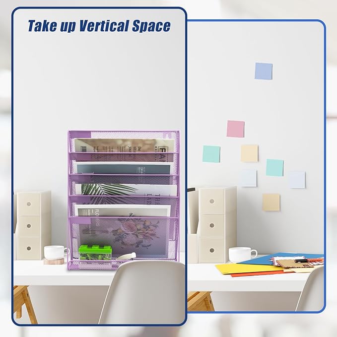 EASEPRES Desk File Organizer Mesh 6 Tier, Hanging Wall Mount Document Organization Stand, Desktop Vertical Mail Paper Folder Holder Rack with Bottom Tray for Office Home Cubicle, Light Purple