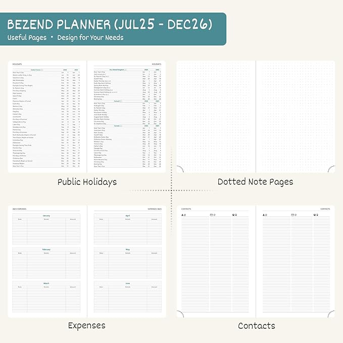 BEZEND 2026 Planner Weekly and Monthly (6" x 8.5") Daily Calendar Book with Tabs (Jul 25-Dec 26) Vertical Hourly Timeslots, Storage Pocket, Pen Holder, PU Leather Hardcover - Mint Green